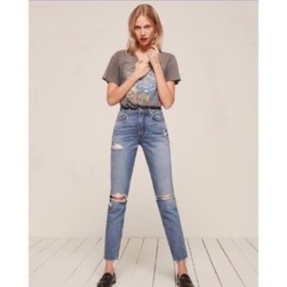 Reformation Denim - Reformation High Rise Cigarette Distressed Light Wash Jeans